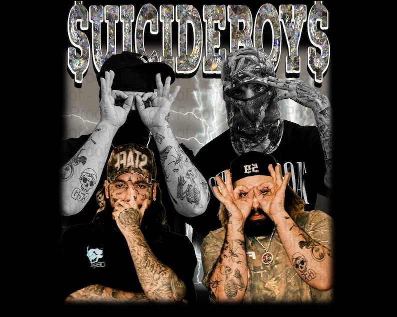 May include: Black and white image featuring four people with tattoos, wearing hats and bandanas. The word "SUICIDEBOYS" is at the top in a silver, glittery font. The people are making hand gestures.