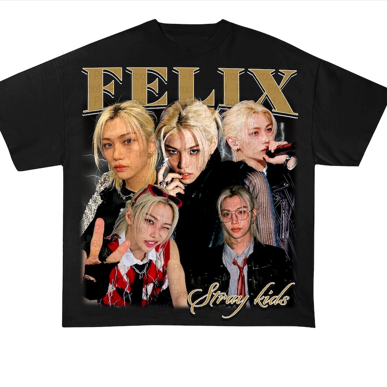 May include: Black t-shirt with a vintage-style graphic featuring multiple images of a person with blonde hair. The text "FELIX Stray Kids" is printed in gold on the shirt.