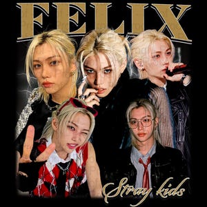 May include: A black and white graphic design featuring four portraits of men with the text "Felix Stray Kids" in gold lettering.