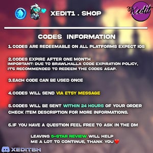 May include: A graphic with the text "XEDIT1. SHOP" and "CODES INFORMATION". The text details code redemption, expiration, usage, and delivery via Etsy message. It also mentions a 5-star review.