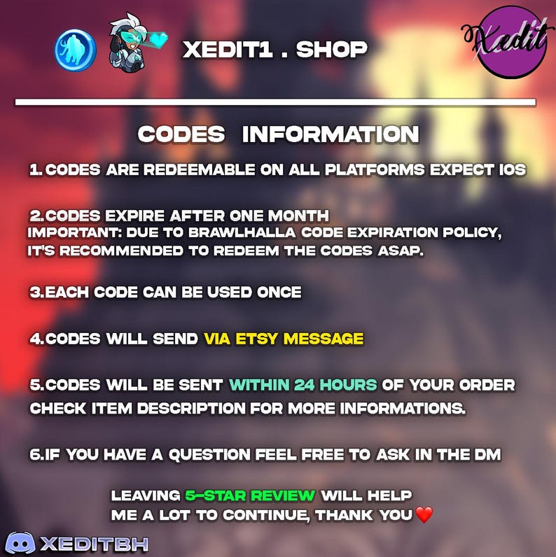 May include: A graphic with the text "XEDIT1. SHOP" and "CODES INFORMATION". The text details code redemption, expiration, usage, and delivery via Etsy message. It also mentions a 5-star review.