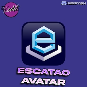 May include: A digital graphic on a dark blue background. The graphic features a stylized, three-dimensional letter "e" in light blue, set within a dark blue square. The text "ESCATAO AVATAR" is displayed in a purple and white font.