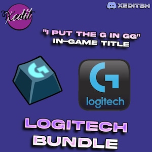 Könnte beinhalten: Eine lila-blaue Grafik mit einem Logitech-Bundle. Das Bild enthält eine Tastenkappe mit blauem "G"-Logo, das Logitech-Logo und den Text "I PUT THE G IN GG" und "IN-GAME TITLE". Die Worte "LOGITECH BUNDLE" werden ebenfalls angezeigt.