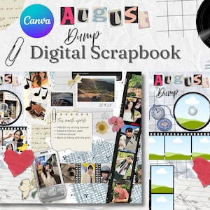 Könnte beinhalten: Digitales Scrapbook mit dem Titel "August Dump" mit Fotos, Text und dekorativen Elementen. Enthält ein Canva-Logo, eine Büroklammer und eine Schallplatte. Enthält Fotos, Noten und ein Herz.