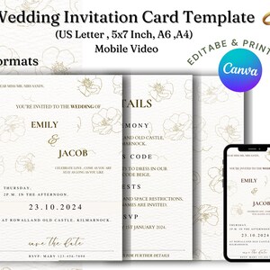 May include: A wedding invitation card template with a floral design. The card is white with gold accents and features the text "You're invited to the wedding of Emily & Jacob" and the date "23.10.2024". The template is available in 5 formats and is editable and printable.