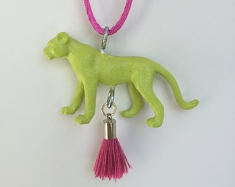 Green leopard tassel necklace, girls necklace, toddler necklace, tween necklace, animal necklace