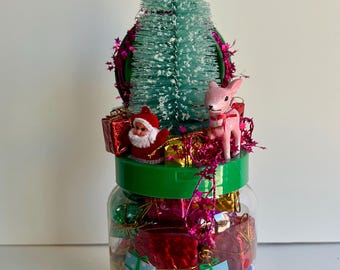 Christmas Assemblage with Gifts and Vintage Mini Santa