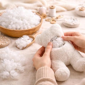 Op de afbeelding: Een witte teddybeer wordt gevuld met zachte witte vulling. De beer is gedeeltelijk genaaid en open, waardoor de binnenkant zichtbaar is. Een houten kom en lepel bevatten extra vulling, samen met naaibenodigdheden.