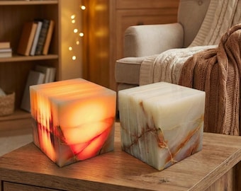 Lámpara cúbica de mármol ónix de 15 cm, lámpara de ónix artesanal de piedra natural, lámpara de acento, iluminación única, piedra de lujo, mesita de noche, luz ambiental.