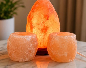 Natural Himalayan Salt Lamp with Two Tea Light Holders, Pink Crystal Healing Decor