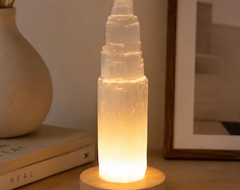 Selenite USB Lamp (20 cm) Crystal LED Lamp Base | Healing Crystal Light | Wooden Night Light | Spiritual Decor | Meditation Lamp
