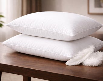 Kussenslopen met eendenveren, set van 2 | Zachte bedkussens van hotelkwaliteit | Ademende katoenen hoes | Hypoallergene antihuisstofmijt | 48 x 74 cm