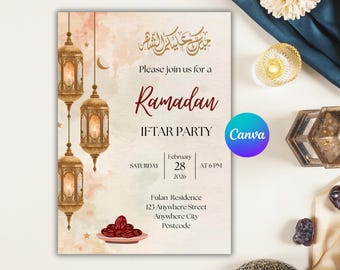 May include: A Ramadan Iftar Party invitation with ornate gold lanterns hanging from above. The invitation features the text "Please join us for a Ramadan Iftar Party" in a burgundy script. The date is February 28, 2026, at 6 PM.