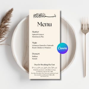 May include: A cream-coloured menu card with Arabic script at the top, listing starters, main courses, and desserts. The menu includes Spinach Fatayer, Hummus & Pita, Lebanese Hasweh, Roast Chicken, Baklava, and Kunafe. A prayer for breaking the fast is also included.