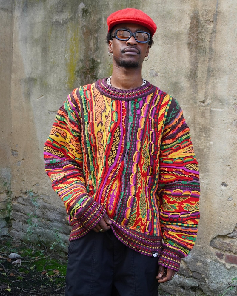 Zopfpullover, Crewneck, bunt, Jamaika, 90er Jahre, Hip Hop, schwer, dicke Qualität, gestrickt