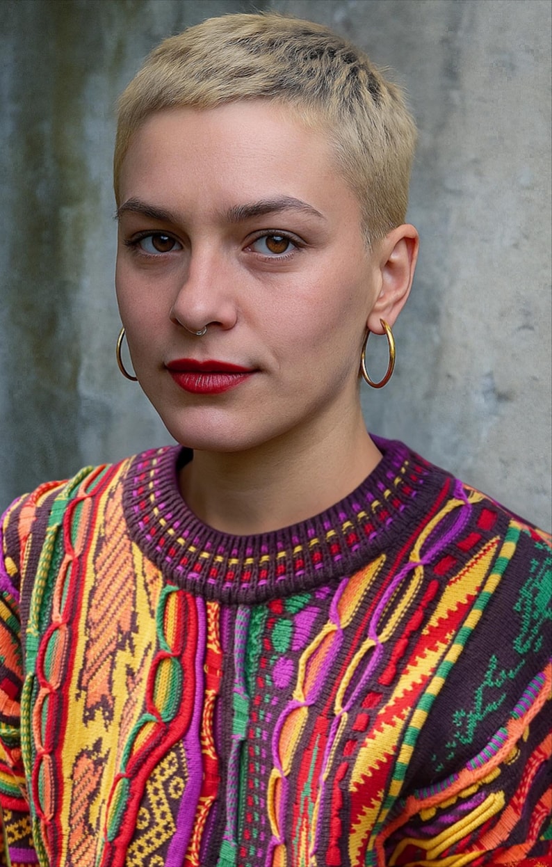 Frau trägt bunten, Vintage gestrickten Pullover im Coogi-Stil mit auffälligem 90er-Jahre-Muster – oversized und unisex, kräftige Farben wie Pink, Gelb, Orange, Lila und Grün. Perfekt für Retro-Liebhaber*innen, Boho- und Streetwear-Fans oder als farbenfroher Festival-Look