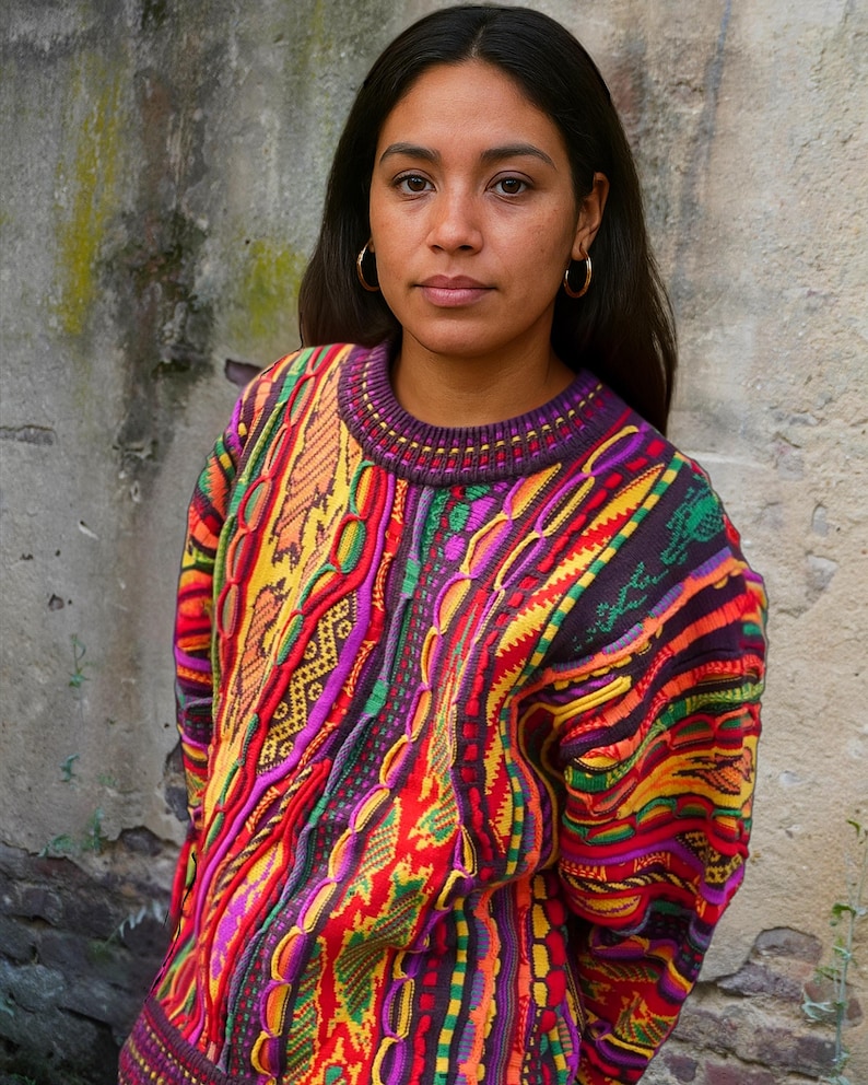 Frau trägt farbenfrohen Vintage-Pullover mit 90er-Jahre-Muster – Oversized, handgestrickter Retro-Strickpullover in leuchtenden Farben wie Rot, Lila, Gelb und Grün. Boho-Streetstyle und Unikat im Coogi-Stil, ideal für Mode-Liebhaberinnen, Festival-Outfits oder kreative Wintermode. Ethno-inspirierter Look, perfekt für Individualistinnen.