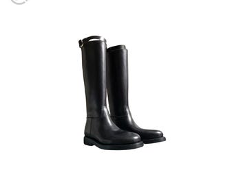 Custom Handmade Goodyear Black Calfskin Riding Boots Unisex Knee-High Retro Equestrian Boots