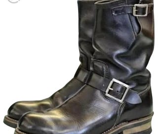 Men’s Black Leather Engineer Boots – Handmade Buckle Strap Motorcycle Biker Boots, Vintage Mid-Calf Genuine Leather Boots