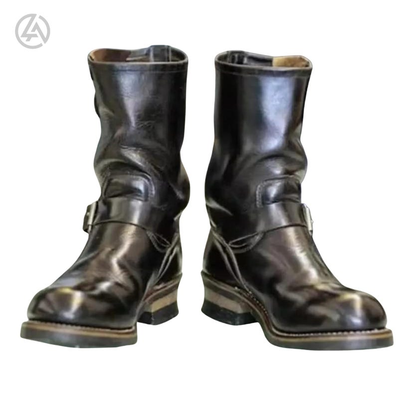 Black genuine leather biker engineer boots for men, featuring ankle and shaft buckle straps, durable sole, and classic vintage motorcycle style