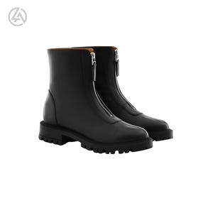 May include: A pair of black leather ankle boots with a front zipper closure. The boots have a rounded toe and a thick, lug sole. The zippers are silver-toned. The boots are designed for everyday wear.