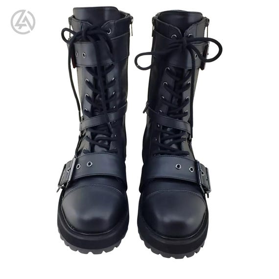 Gothic Punk Combat Boots | Unisex Buckled Platform Biker  display picture 3