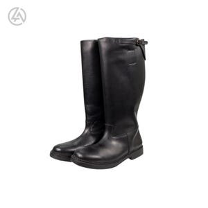 May include: A pair of tall, black leather riding boots. The boots have a smooth finish, a rounded toe, and a buckle detail at the top. The boots are approximately 40 cm tall.