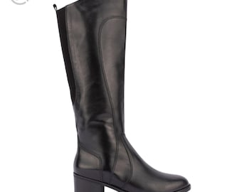 Schwarze Leder Kniehohe Stiefel | Klassischer Blockabsatz Hohe Stiefel | Minimalistische Damenstiefel im Vintage-Stil | Alltag Herbst Winter Schuhe