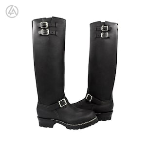 Herren-Ingenieurstiefel aus schwarzem Leder - Hohe Motorradstiefel mit doppelten Schnallenriemen und Stollensohle