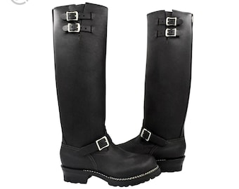 Men’s Black Leather Engineer Boots – Tall Motorcycle Boots with Double Buckle Straps & Lug Sole