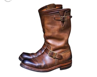 Handcrafted Brown Leather Engineer Boots – Vintage Motorcycle Riding Boots, Men’s Classic Harness Biker Boots, Leather Heavy-Duty Work Boots