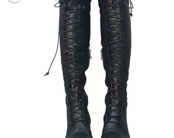Handmade Black Leather Thigh High Lace Up Boots for Women | Over the Knee Gothic Boots | Side Zipper Tall Boots Alternative Fashion Footwear