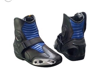 Men’s Blue Black Motorcycle Boots, Leather Riding Shoes, Sport Bike Racing Boots, Protective Biker Footwear, Street Riding Gear
