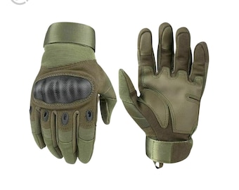 May include: A pair of olive green tactical gloves. The gloves have reinforced knuckles with a black textured pad and finger protection. The wrist area has a hook and loop closure. The gloves are designed for protection and grip.