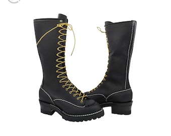 Black Lace-Up Combat Boots for Men & Women, Handmade Leather Mid-Calf Boots, Rugged Lace Front Biker Boots, Durable Outdoor Fashion Footwear