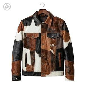 Men’s Patchwork Cowhide Leather Jacket | Real Hair On Hide Pony Skin Western Trucker Coat | Handmade Luxury Ranch Jacket
