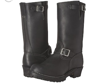 Handmade Black Leather Engineer Boots | Mid-Calf Biker Motorcycle Boots | Rugged Buckle Leather Boots for Men & Women