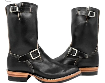 Men’s Black Leather Engineer Boots – Handmade Motorcycle Riding Boots, Classic Harness Biker Boots with Buckle Straps, Vintage Style Boots