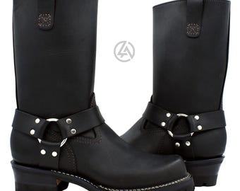 Men’s Black Leather Harness Engineer Boots – Heavy Duty Motorcycle Riding Boots, Classic Western Biker Boots, Handmade Genuine Leather Boots