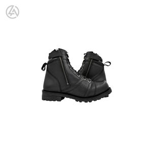 May include: Black leather boots with side zips, laces, and a pull tab. The boots have a rugged sole and a short, ankle-height design. The boots are designed for durability and style.