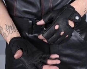 Handmade Black Leather Fingerless Gloves for Men | Vintage Driving & Biker Gloves | Soft Genuine Leather Half Finger Motorcycle Gloves