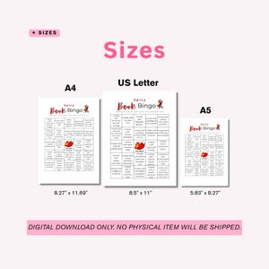 May include: A pink background displays three sizes of "Spicy Book Bingo" printables: A4 (8.27" x 11.69"), US Letter (8.5" x 11"), and A5 (5.83" x 8.27"). Each bingo card features a grid of book-related prompts. Text at the bottom reads "DIGITAL DOWNLOAD ONLY. NO PHYSICAL ITEM WILL BE SHIPPED."
