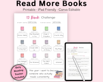 12 Book Challenge Printable | Read Tracker | Yearly Reading Log | Review Pages | Canva Editable