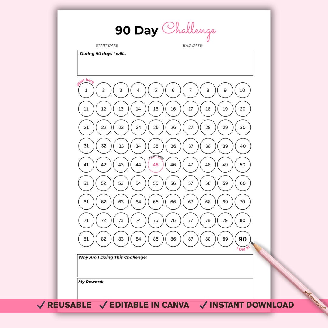 90 Day Challenge Printable | Glow up Selfcare Checklist | Habit Tracker ...