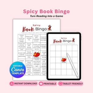 May include: A digital Spicy Book Bingo game template, featuring a printable bingo card and a tablet-friendly version. The design includes a red chili pepper graphic and text such as "Instant Download" and "Editable Canva Template."