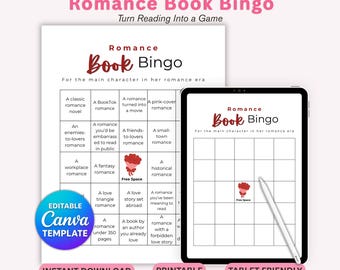 Romance Book Bingo Printable | Book Club Game for Women, Reading Bingo, Book Review Page, Reading Plan Kit, Editable Canva Template