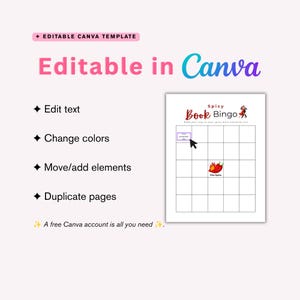 May include: A pink and white Canva template with the text "Editable in Canva." The template includes a "Spicy Book Bingo" game board with a red chili pepper graphic. Instructions include editing text, changing colors, and adding elements.