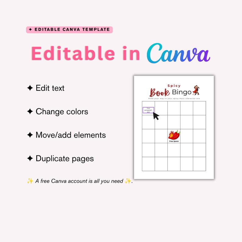 May include: A pink and white Canva template with the text "Editable in Canva." The template includes a "Spicy Book Bingo" game board with a red chili pepper graphic. Instructions include editing text, changing colors, and adding elements.