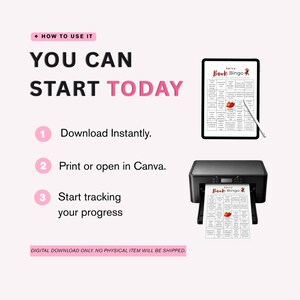 May include: A digital download graphic with instructions on how to use a "Spicy Book Bingo" game. The image shows a tablet with the bingo card, a printer, and the text "You can start today".