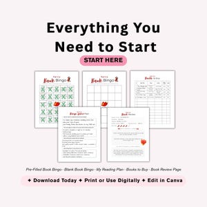 May include: A collection of printable book-themed pages with the text "Everything You Need to Start." Includes "Spicy Book Bingo" sheets, a reading plan, a "Books to Buy" list, and a book review page. The text "Download Today," "Print or Use Digitally," and "Edit in Canva" are also visible.